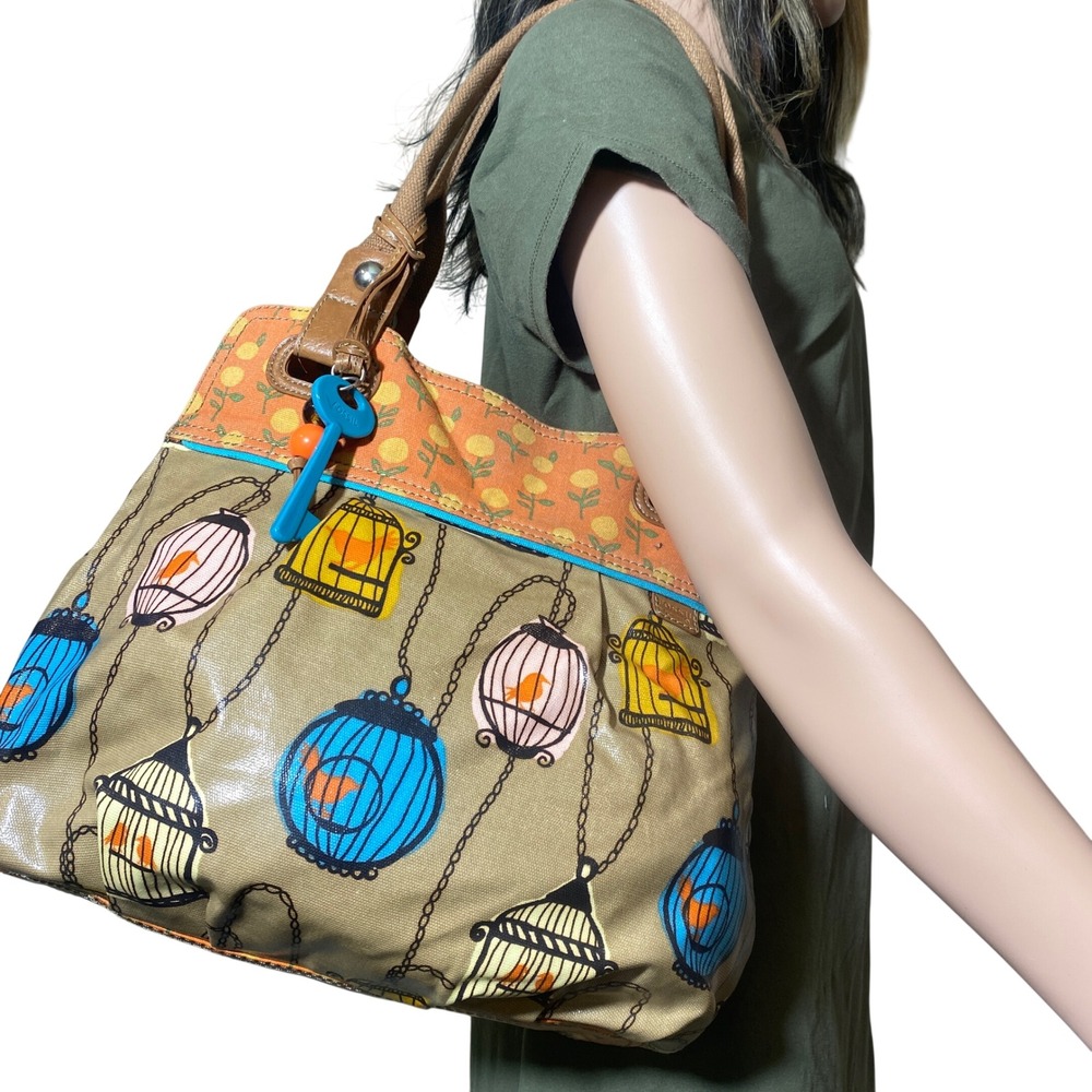 Fossil‎ Key-Per Coated Canvas Birdcage Floral Tote Bag Tan Orange Blue Whimsical